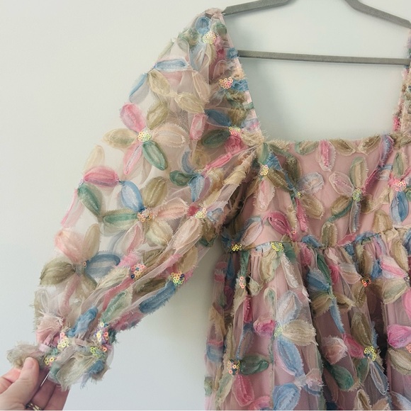 Storia Stacy Sequin Floral Multi Puffed Sleeve Sparkle Babydoll Mini Dress L - Picture 6 of 11